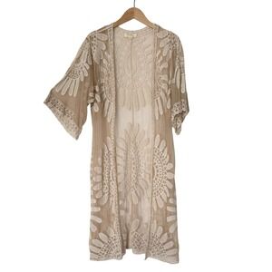 Rebellion Again Embroidered Lace Mesh Kimono Womens M Tan Boho Festival